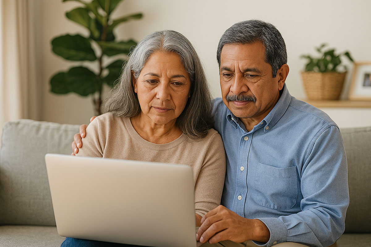 Hispanic senior couple looking at a laptop together to research how much cataract surgery costs at home
