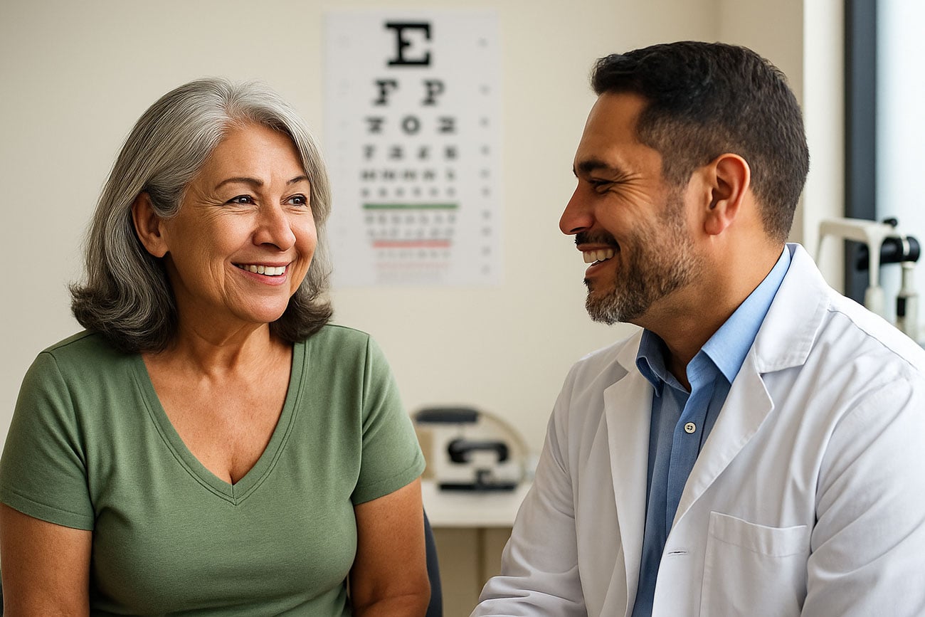 how to prepare for cataract surgery — Latino senior woman in a modern exam room having a candid conversation