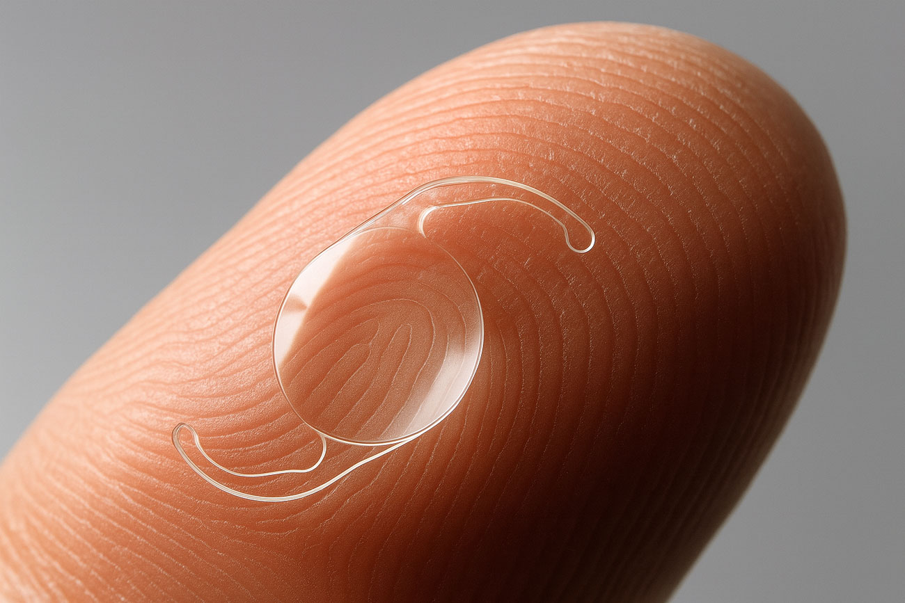 Intraocular lens (IOL) implant resting on fingertip will help you to determinehow much does cataract surgery costs