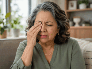 Senior Hispanic woman experiencing eye pain at home, representing a warning sign to report during recovery after cataract surgery with West Texas Eye Associates.