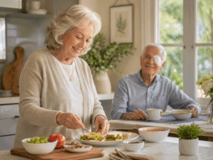 Senior woman preparing simple meals for her husband after cataract surgery, representing planning for recovery after cataract surgery with West Texas Eye Associates.