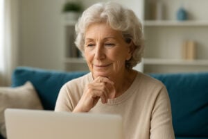 Senior woman researching how much cataract surgery costs on her laptop