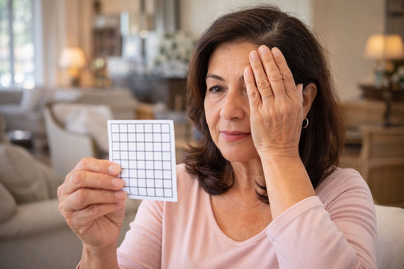 Una mujer española de unos 50 años se somete a la prueba de rejilla de Amsler en su lujosa sala de estar para controlar la tracción vítreomacular para West Texas Eye Associates.