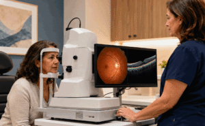 Mature patient receives retinal and optic nerve imaging for the West Texas Eye Associates blurry vision causes and treatment guide.