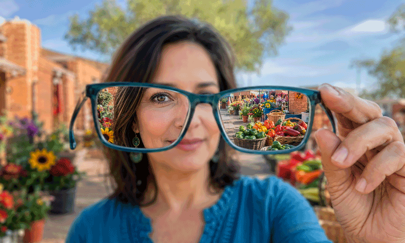 A woman holds teal eyeglasses that bring a colorful West Texas outdoor market into clear focus, illustrating blurry vision causes and treatment for West Texas Eye Associates.