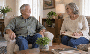 Older couple sitting comfortably together at home, with the woman holding a folder in her lap.