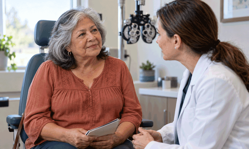 Older woman holding a notebook while discussing cataract surgery questions with an eye doctor.