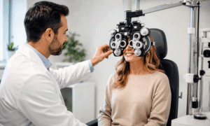 West Texas Eye Associates vision correction exam for what prescription is too bad for LASIK with a 40-year-old woman and an eye doctor using a phoropter.