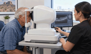Paciente de edad avanzada sometido a tomografía de coherencia óptica (OCT) de retina en West Texas Eye Associates.