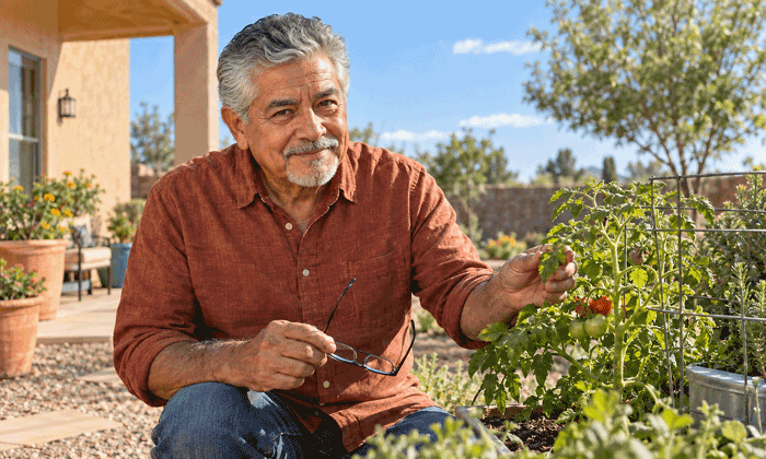 Un hombre mayor trabaja en un jardín en el oeste de Texas para un artículo sobre las etapas y los síntomas de la retinopatía diabética.