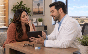 Eye doctor discussing hyperopia treatment options with a patient at West Texas Eye Associates.
