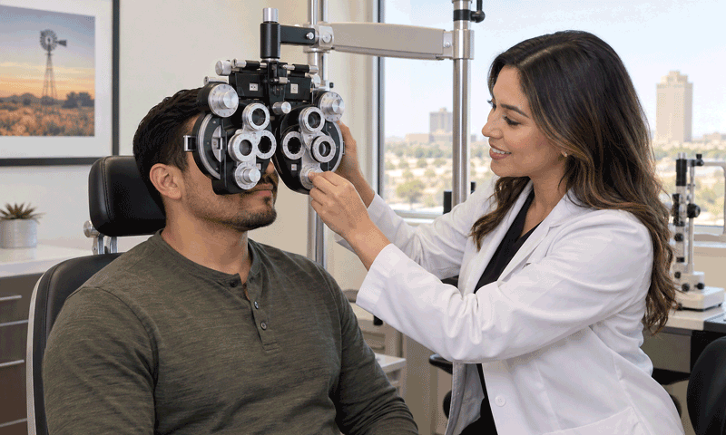 Patient receiving an eye exam at West Texas Eye Associates to discuss hyperopia treatment options
