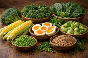 A horizontal still life of lutein and zeaxanthin rich foods on a rustic wooden table, including bowls of kale, spinach, collard greens, broccoli, peas, Brussels sprouts, corn, and sliced hard boiled eggs, illustrating nutrients for eye health recommended by West Texas Eye Associates.