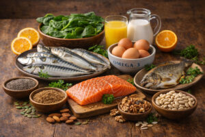 A horizontal still life of omega-3 rich foods on a rustic wooden table, including salmon, whole oily fish, chia seeds, ground flaxseed, walnuts, eggs, milk, and juice, illustrating nutrients for eye health recommended by West Texas Eye Associates.