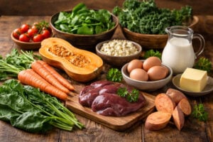 A warm, rustic still life of Vitamin A rich foods on an antique wooden table, including sweet potatoes, carrots, butternut squash, leafy greens, beef liver, eggs, and dairy, illustrating nutrients for eye health recommended by West Texas Eye Associates.