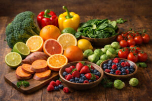Citrus fruits, such as oranges, grapefruit, tangerines, lemons, and limes Berries, such as strawberries, blueberries, and raspberries Other produce, such as bell peppers, broccoli, Brussels sprouts, and tomatoes.