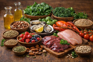 A horizontal still life of Vitamin E and zinc rich foods on a rustic wooden table, including nuts, seeds, leafy greens, plant oils, lean meats, oysters, crab, beans, lentils, and grains, illustrating nutrients for eye health recommended by West Texas Eye Associates.