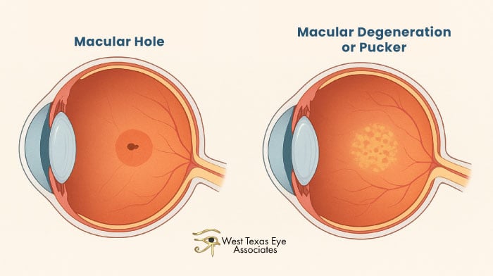 Ilustración médica comparativa entre agujero macular y degeneración macular o pliegue macular. La imagen de la izquierda muestra un ojo con una pequeña abertura circular oscura en la mácula central, que representa un agujero macular. La imagen de la derecha muestra un ojo con una zona amarillenta moteada y arrugas superficiales sobre la mácula, que representan la degeneración macular o pliegue macular. Ambas son representaciones transversales de la retina con etiquetas para uso educativo.