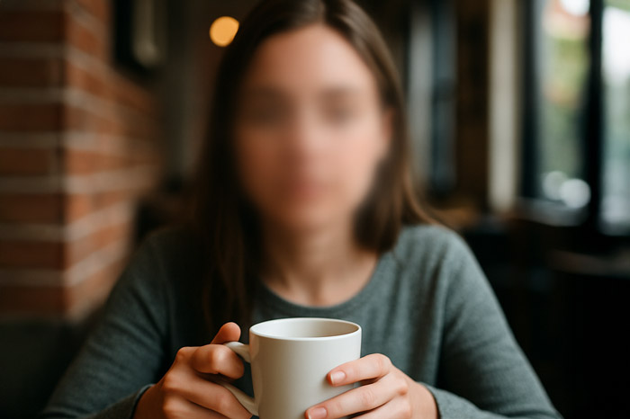 Una mujer sentada en una cafetería con una taza de café, vista como si tuviera un agujero macular: la parte central de la imagen está borrosa y desenfocada, mientras que el área circundante permanece nítida, lo que ilustra una visión central borrosa y pérdida de detalles finos. Agujero macular en Lubbock, Texas.