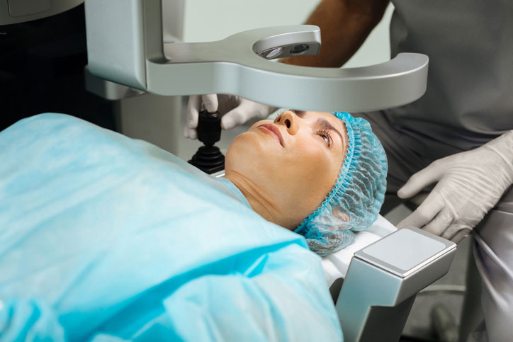 Women preparing for LASIK eye surgery in operating room.