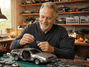 West Texas Eye Associates patient using the near and intermediate vision provided by advanced lens implants to assemble a detailed DeLorean model car at his hobby workbench after cataract surgery for astigmatism.