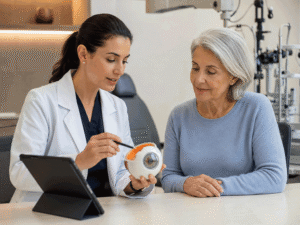 West Texas Eye Associates eye surgeon using an eye model and tablet to explain cataract surgery astigmatism treatment options to a senior patient during a personalized consultation.