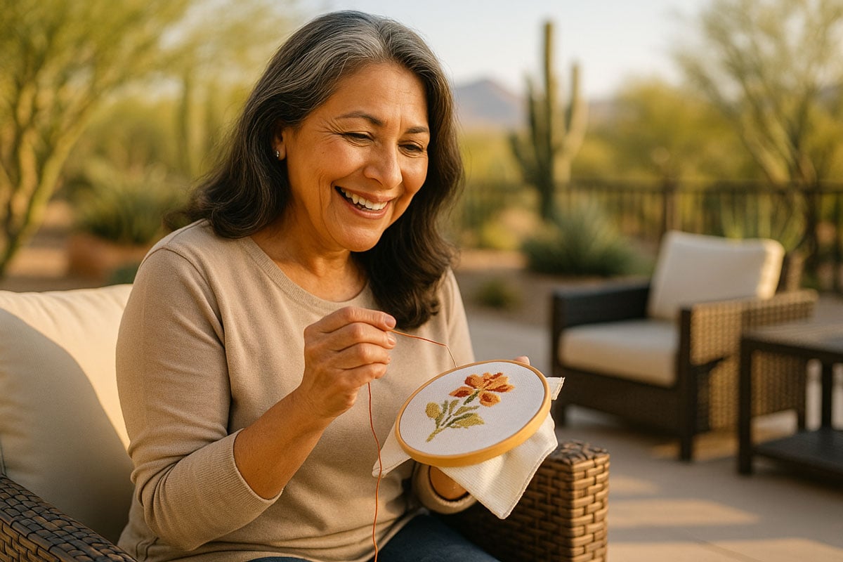 Over-50 Hispanic woman smiling and doing cross-stitch on her porch after discussing a choroidal nevus with her eye doctor