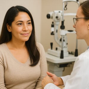 a woman has eye floaters and flashes and is discussing with her optometrist in a modern exam room