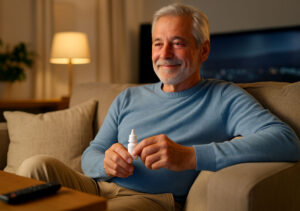 what to expect from eye injection — senior relaxing on a cushy couch watching TV at home, comfortable and calm