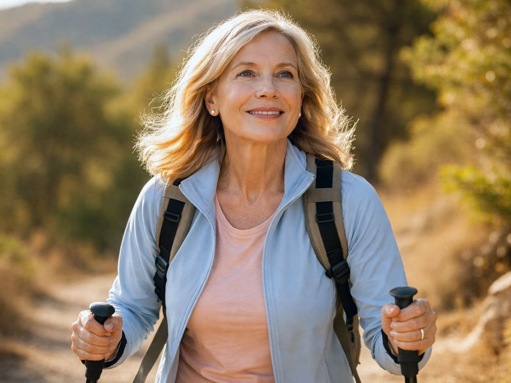 Smiling woman hiking on a sunlit trail with a backpack and trekking poles.