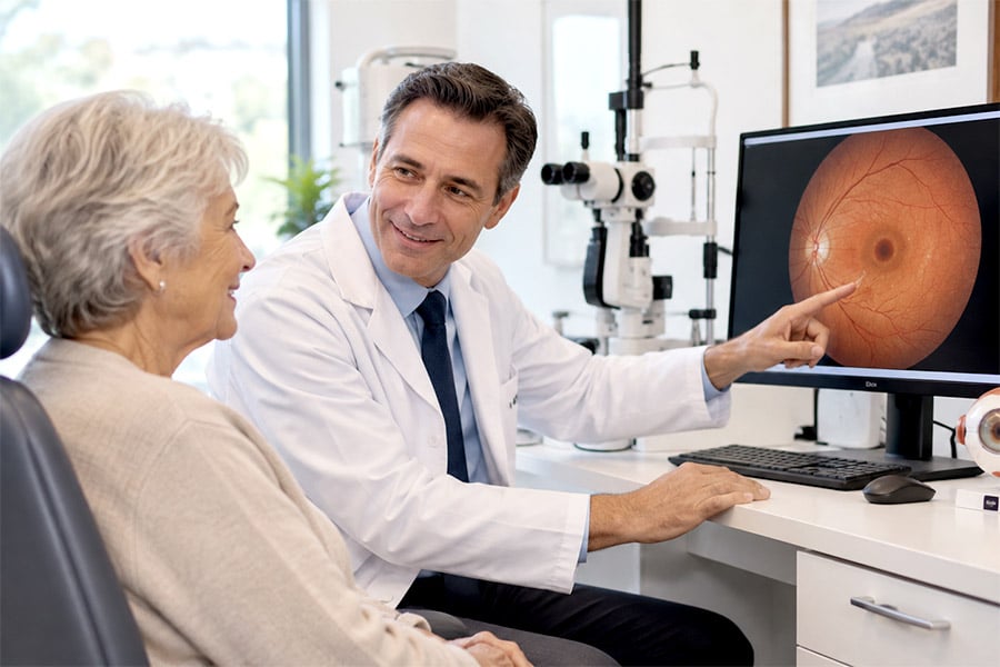 Older patient discussing a macular hole with an ophthalmologist during a retinal eye exam.