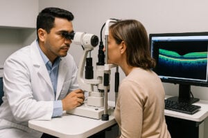 how do i know if i have a macular hole comprehensive dilated eye exam with a Hispanic eye doctor and OCT scan visible on the monitor