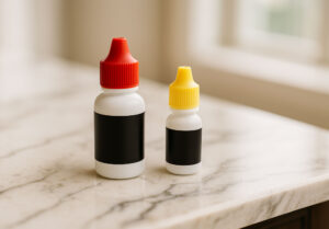 how do i know if i have a macular hole prescription eye drops with red and yellow caps on a polished marble counter, two bottle sizes with black labels