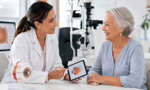 West Texas Eye Associates eye surgeon explaining how to prepare for cataract surgery during a consultation with a 65-year-old patient.