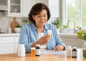West Texas Eye Associates patient reviewing prescription medications and supplements at her kitchen table while preparing for cataract surgery.