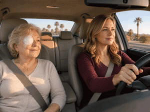 West Texas Eye Associates patient riding home with her daughter after cataract surgery as part of learning how to prepare for cataract surgery.