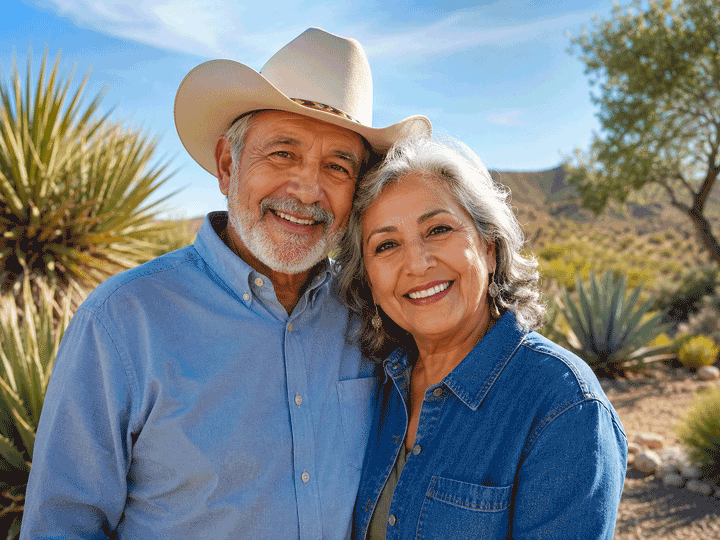 West Texas Eye Associates senior couple smiling outdoors in West Texas while learning how to prepare for cataract surgery.