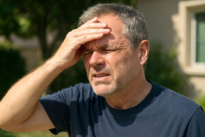 Un hombre al aire libre entrecierra los ojos y se los protege de la luz brillante, lo que ilustra la sensibilidad a la luz que puede mejorar con la cirugía microinvasiva de glaucoma (MIGS).