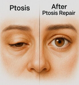 Side-by-side illustration showing a drooping upper eyelid partially covering the pupil next to a normal, lifted eyelid after ptosis repair in Lubbock.