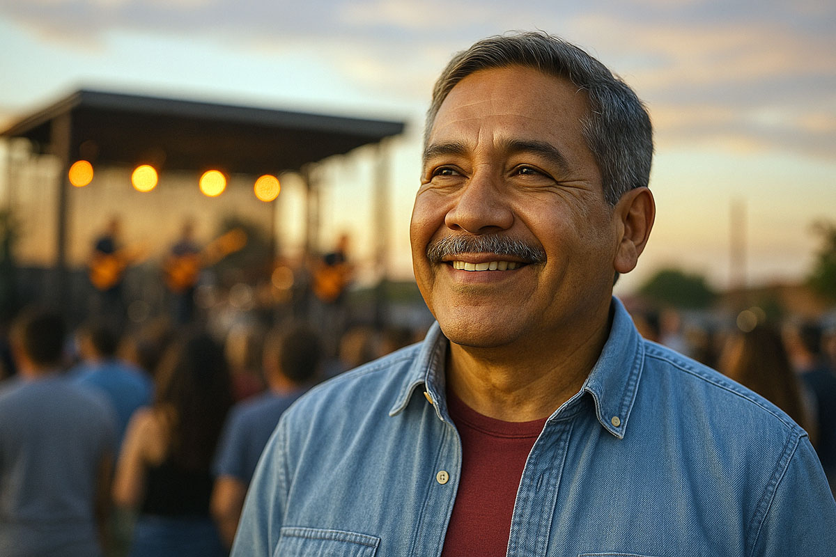 A late-50s Hispanic man smiling and enjoying a live outdoor concert in Lubbock at late afternoon, representing improved comfort and openness after ptosis repair in Lubbock.