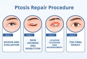 Infographic showing the four steps of ptosis repair in Lubbock, including eyelid evaluation, skin incision and dissection, levator muscle advancement, and the final lifted eyelid result.