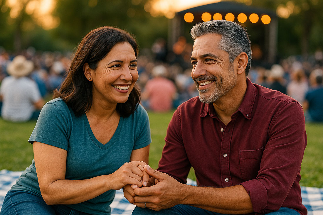 Especialista en retina en Lubbock, pareja hispana en un concierto al aire libre tomados de la mano, mujer con atuendo informal