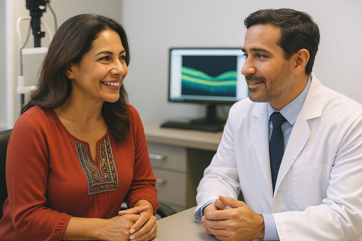 En una clínica, una mujer sonriente con una blusa roja está sentada frente a un médico con bata blanca, con un monitor de computadora visible al fondo.