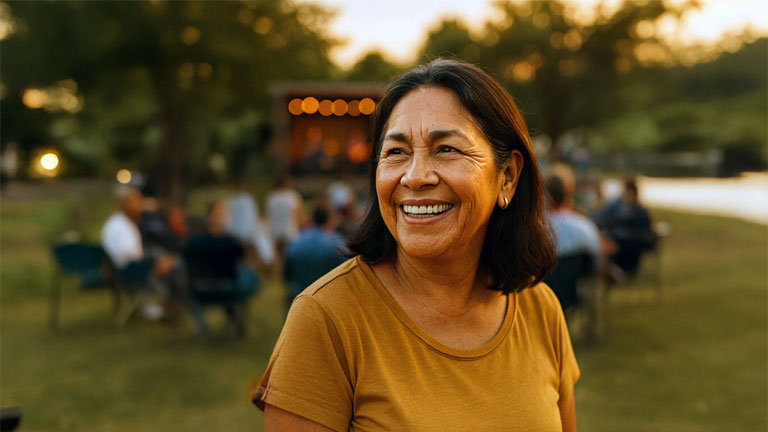 Older Hispanic woman smiling outdoors with clear vision after receiving the iDose glaucoma implant at West Texas Eye Associates
