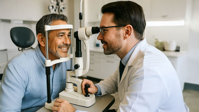 Glaucoma specialist at West Texas Eye Associates discussing the iDose glaucoma implant with an older patient in a modern exam room at West Texas Eye Associates