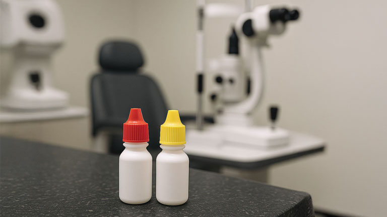Two small aftercare eye drop bottles with red and yellow caps on a dark countertop in a modern eye exam room used after the iDose glaucoma implant at West Texas Eye Associates