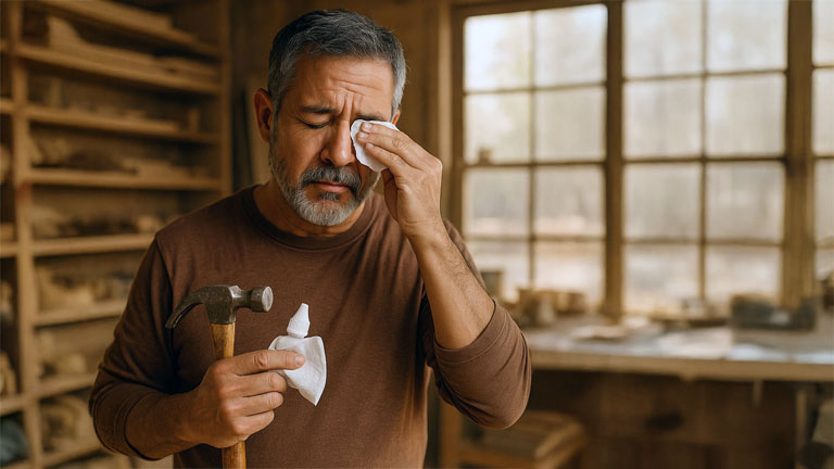 Middle aged Hispanic carpenter rubbing his eye from discomfort in a wood shop, representing dry eye symptoms before receiving the iDose glaucoma implant with West Texas Eye Associates
