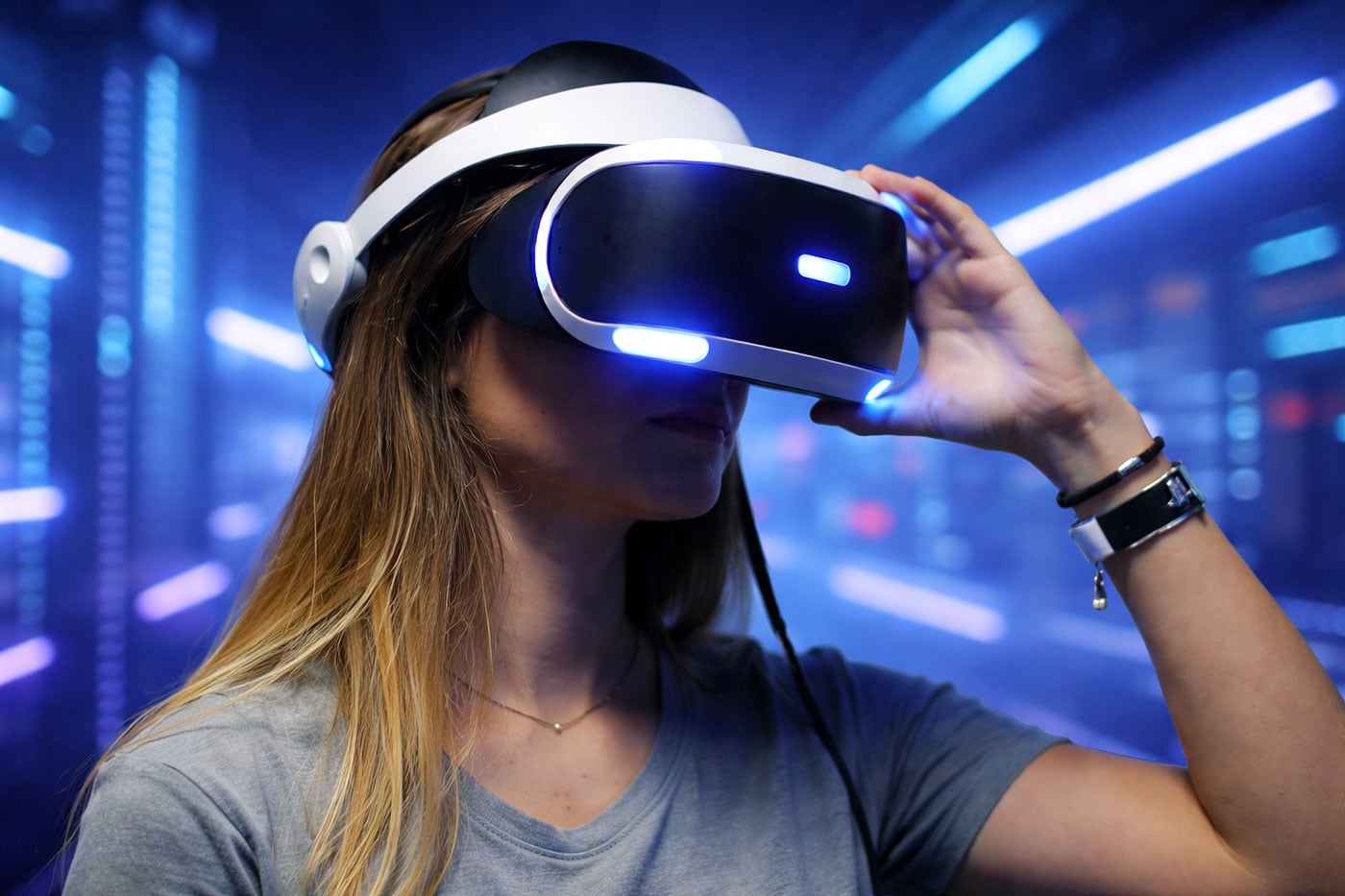 Wearable tech device or VR headset being worn properly by a female gamer from West Texas Eye Associates