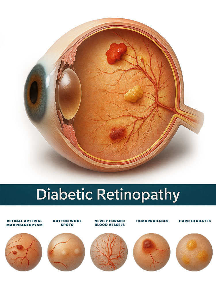 Image showing the different stages of diabetic retinopathy.