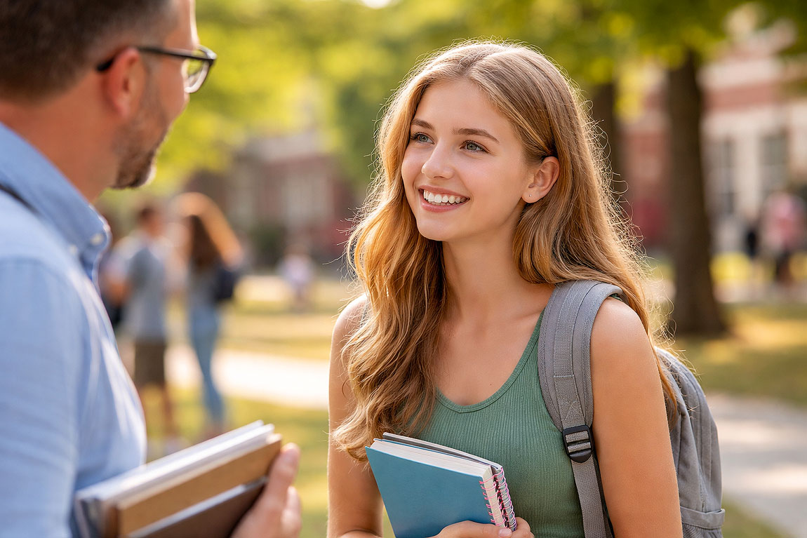 Teen speaking with her teacher happily after keratoconus treatment from West Texas Eye Associates